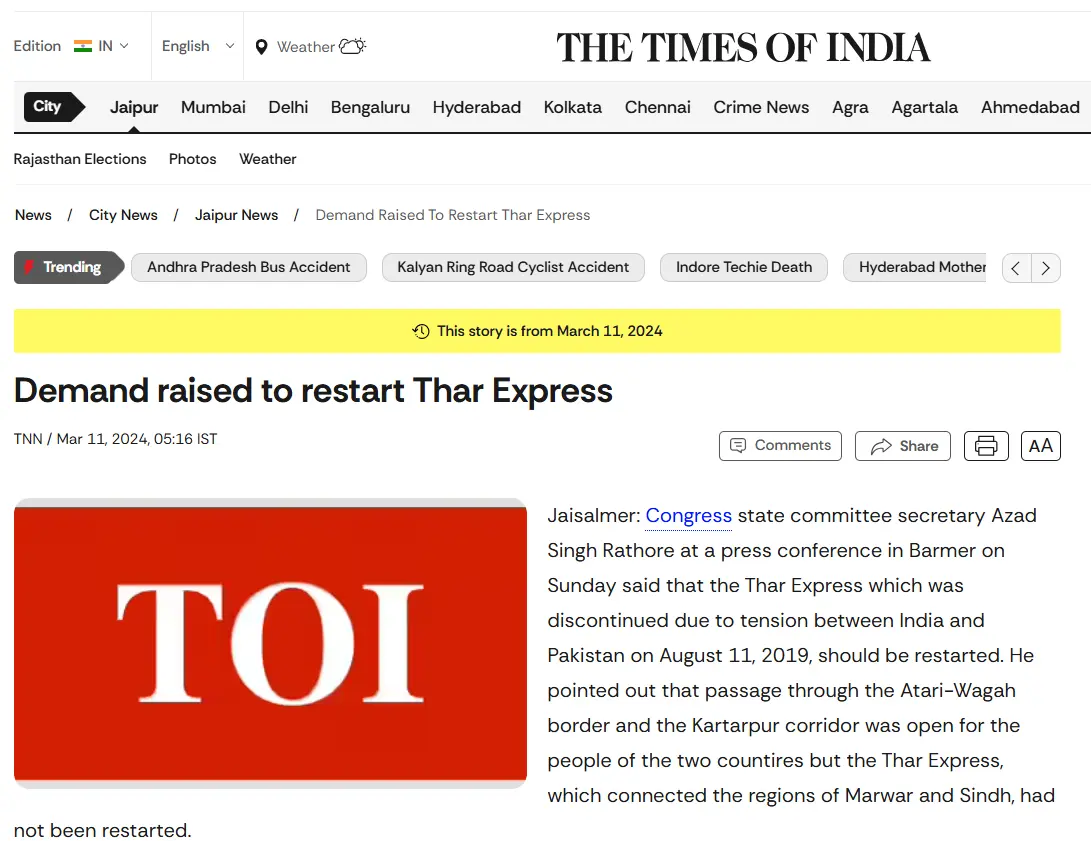 Demand raised to restart Thar Express – Azad Singh Rathore